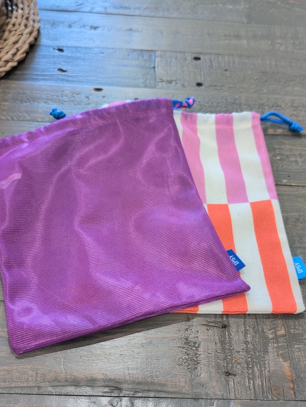 Ipsy Drawstring Pouches - Purple & Pink Striped Set